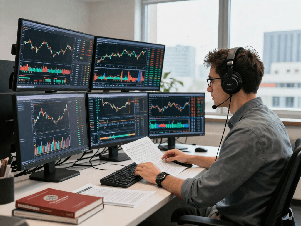 使用metatrader 5进行分析的交易者，显示市场数据，图表和财务报告的工作场景。