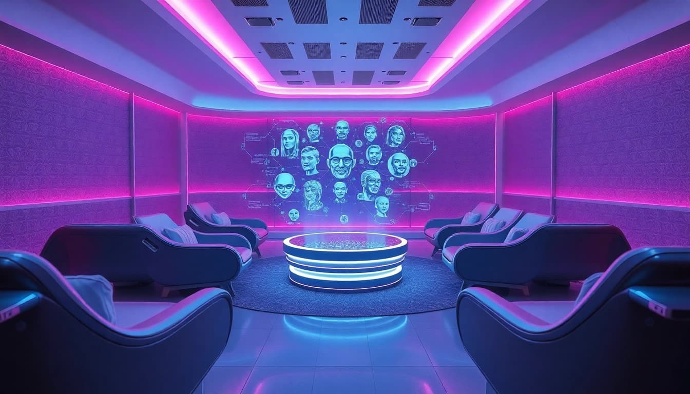Futuristic lounge designed for innovative ai sex experiences with holographic AI companions.