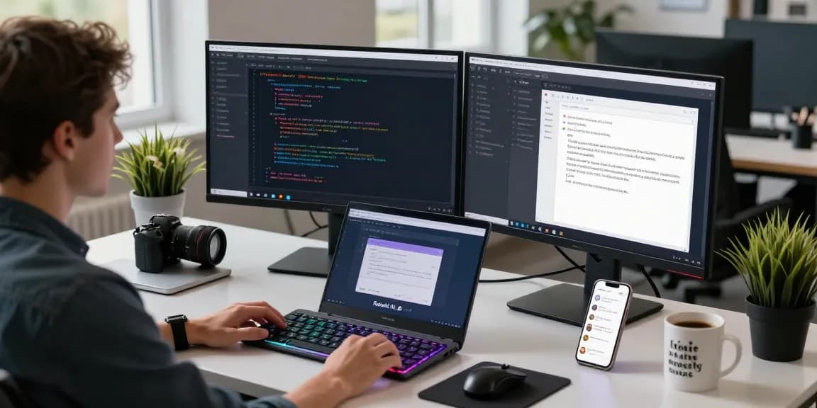 Engaged user interacting with Kobold AI on dual monitors in a modern tech workspace.