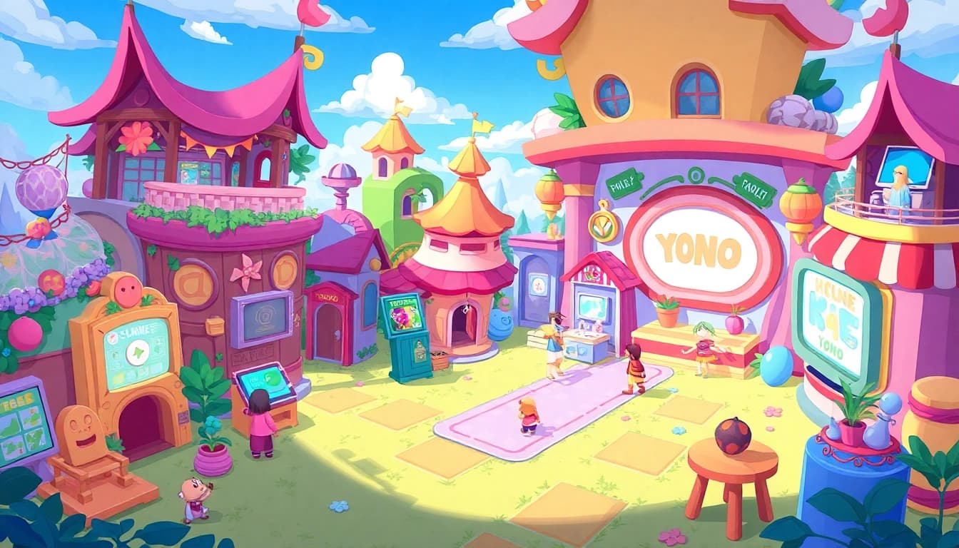 Explore exciting Yono games with colorful characters and engaging landscapes in this vibrant digital illustration.