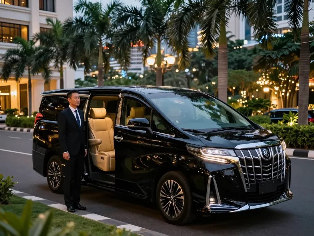 Chiếc cho thuê xe Toyota Alphard sang trọng đỗ tại khách sạn, thể hiện thiết kế thanh lịch và không gian rộng rãi bên trong.