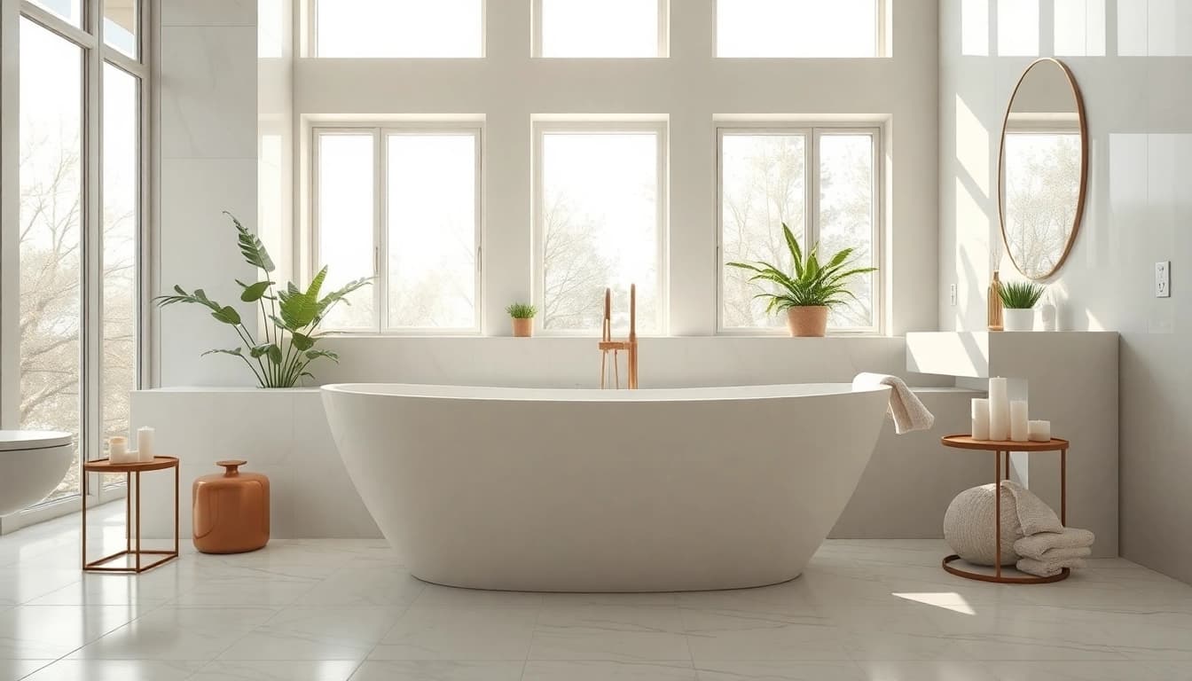 Discover elegant bathrooms with a luxurious freestanding bathtub and calming natural light.