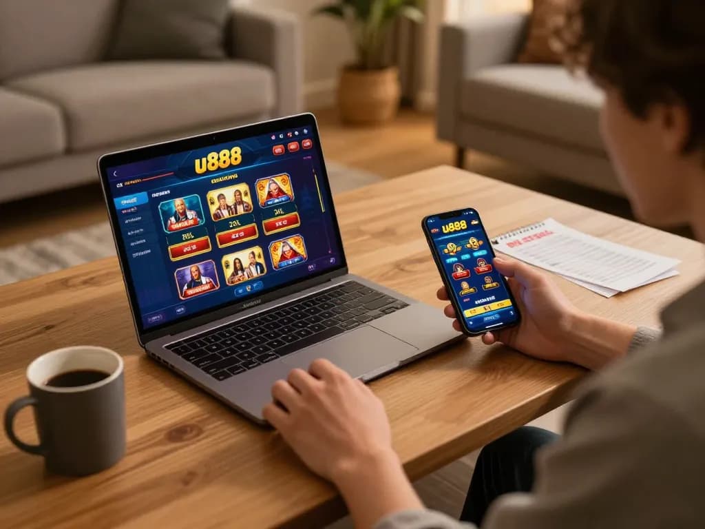 Engaging with the u888 online casino platform at home, showcasing a cozy gaming setup.