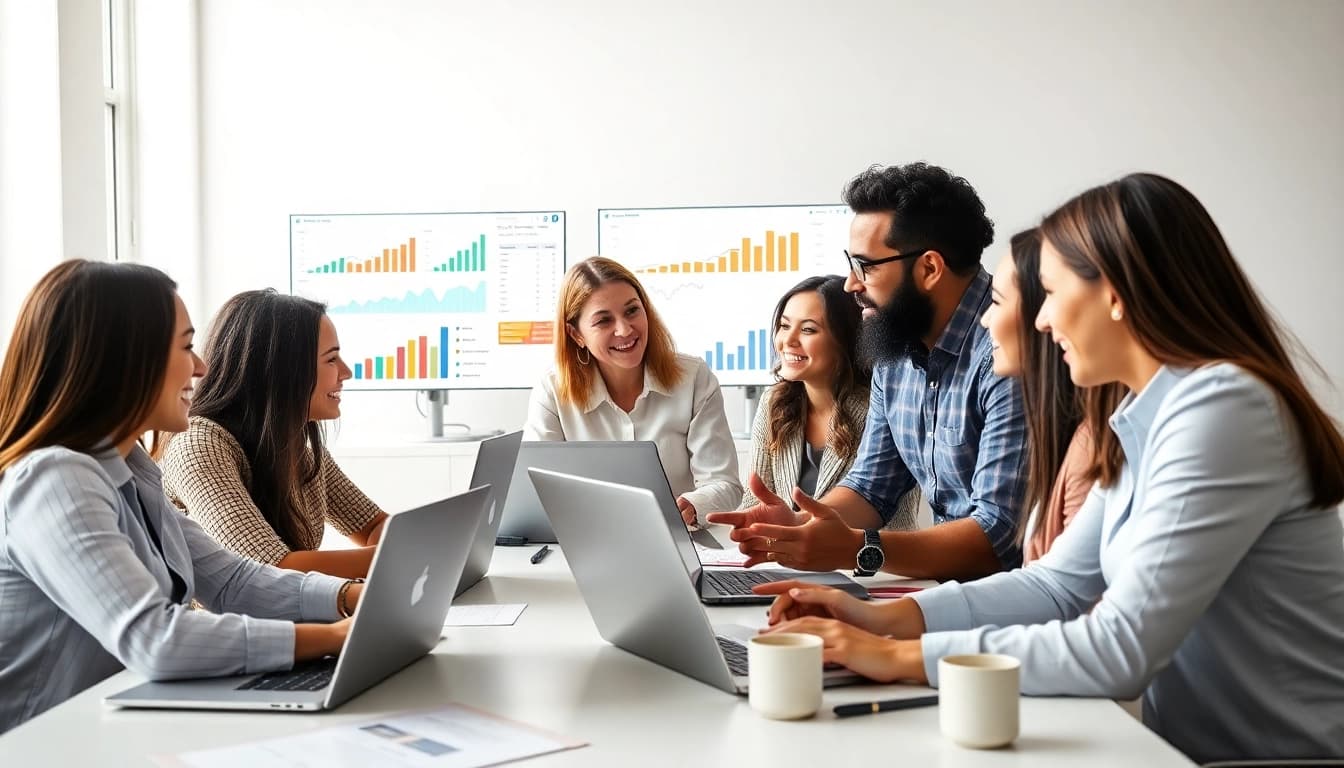 Analyze SEO performance data with a professional marketing team in a vibrant office environment.