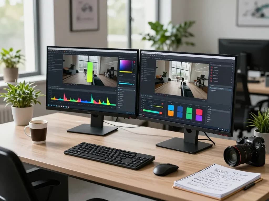 Video to promptgenerator in action, showcasing video analysis on modern dual-screen setup.