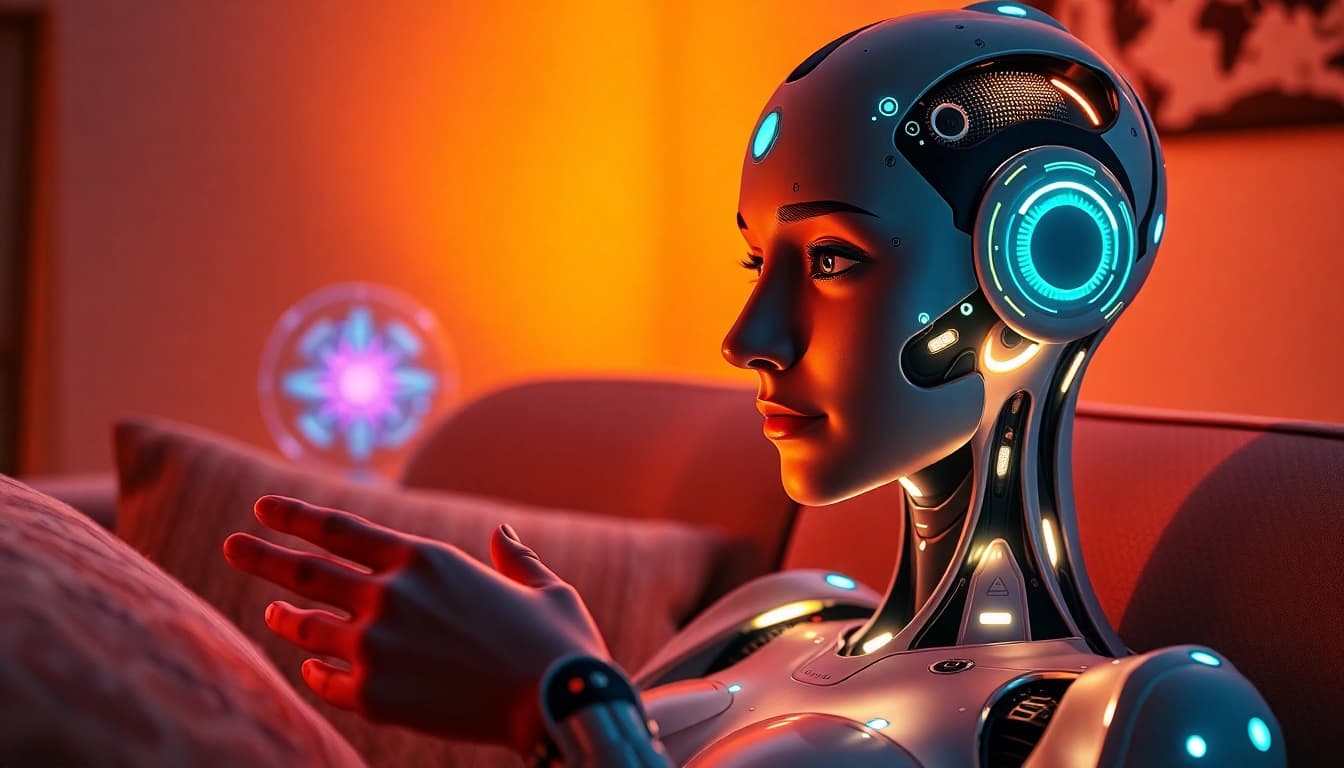 AI sex companion in a cozy setting with warm lighting, showcasing intimacy and technology.