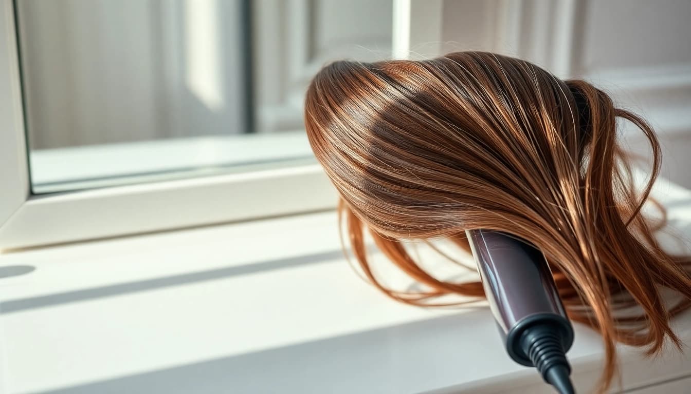 Enhance frizz-free styling with a professional hair dryer for frizzy hair on a chic vanity.