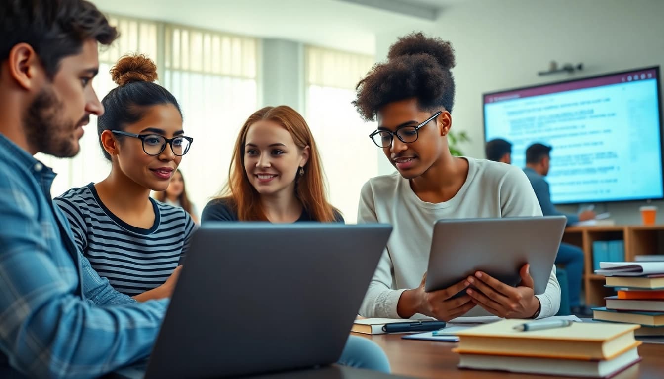 Online exams help through collaborative study sessions in a professional environment.