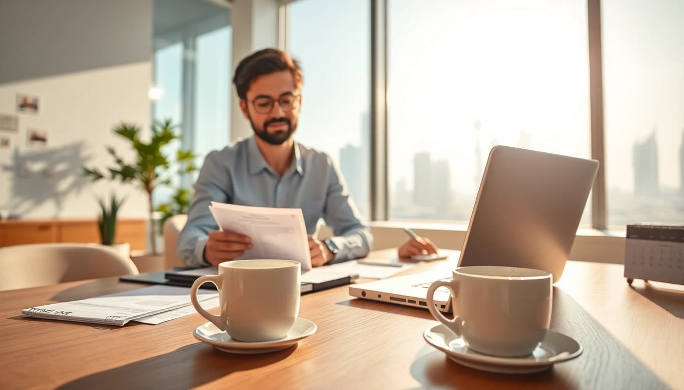 Maid visa renewal Dubai assistance in a professional office with organized documents and a sunny skyline.