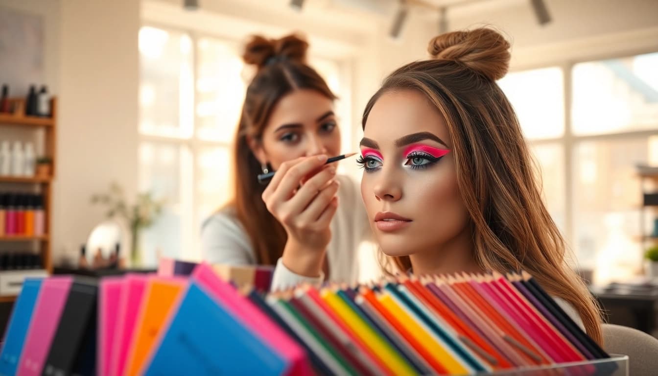 Applying an eyeliner stencil for perfect eye makeup in a vibrant setting.
