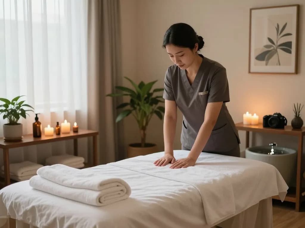 Relaxing massage therapy setting at a spa focusing on 역삼동마사지 experience, with soft lighting and calming decor.