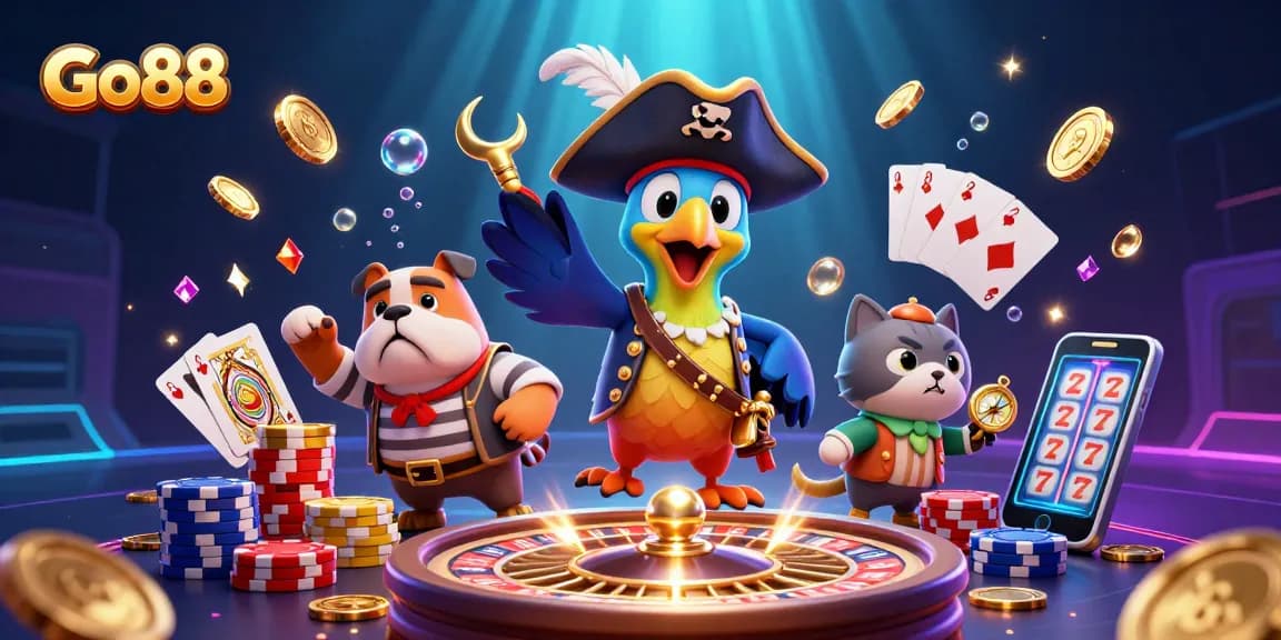 Experience the excitement of Go88 with pirate-themed characters and vibrant casino elements in a dazzling scene.