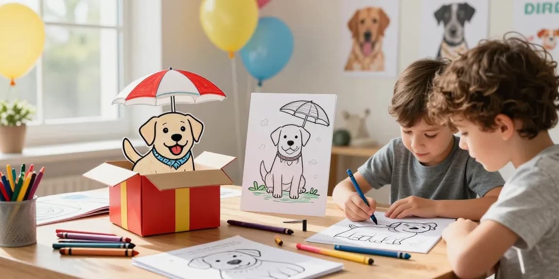 Kids coloring cartoon character coloring pages featuring playful Labrador Retrievers in a sunny room.