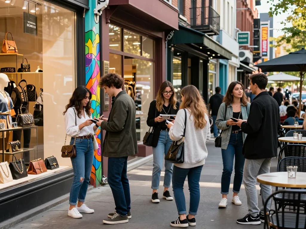 Vibrant urban scene at a 레플리카 사이트 showcasing stylish individuals exploring high-quality replica fashion.