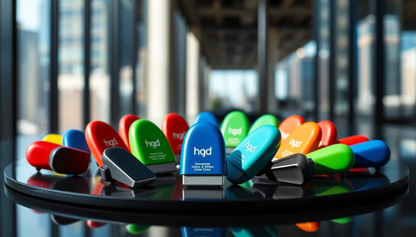 Hqd pods in verschiedenen Geschmacksrichtungen und Farben auf einem eleganten Tisch präsentieren.