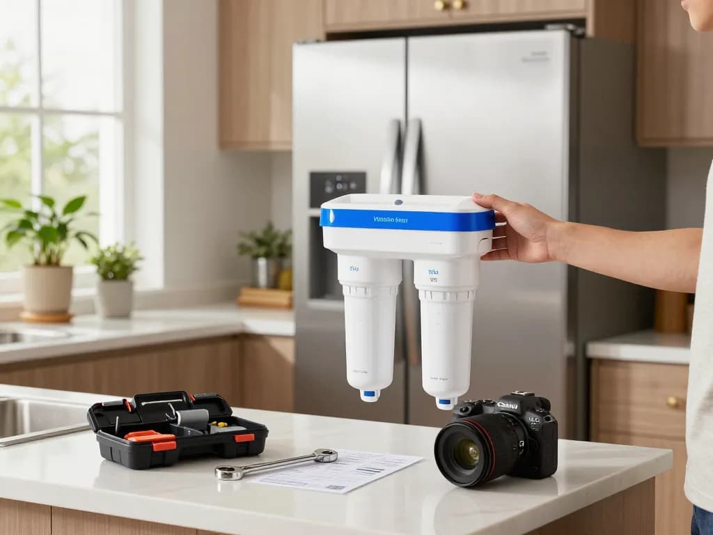 Homeowner installing Waterdrop Maxblue EDR3RXD1 Replacement for 4396841 filter in modern kitchen setting.