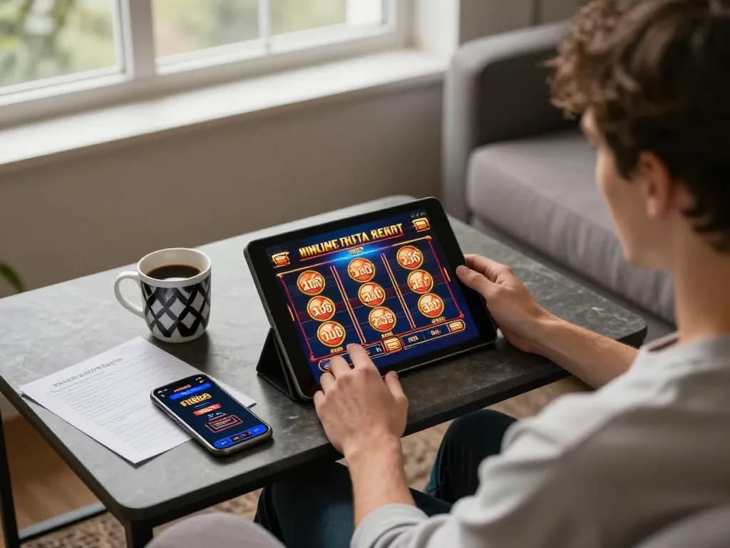 Engaging online gaming with DEWA222 on tablet amidst a cozy home setup, showcasing strategic gambling.