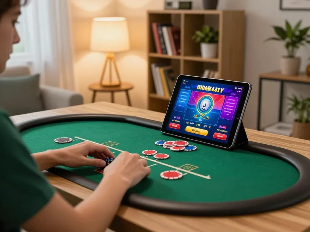 Person enjoying online gaming at home on tablet displaying vt88 trang chủ poker interface, warm atmosphere with cozy lighting.