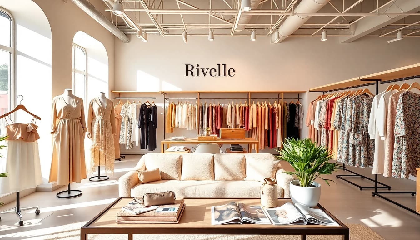 Explore stylish Rivelle garments presented in a bright boutique, showcasing elegance and quality.