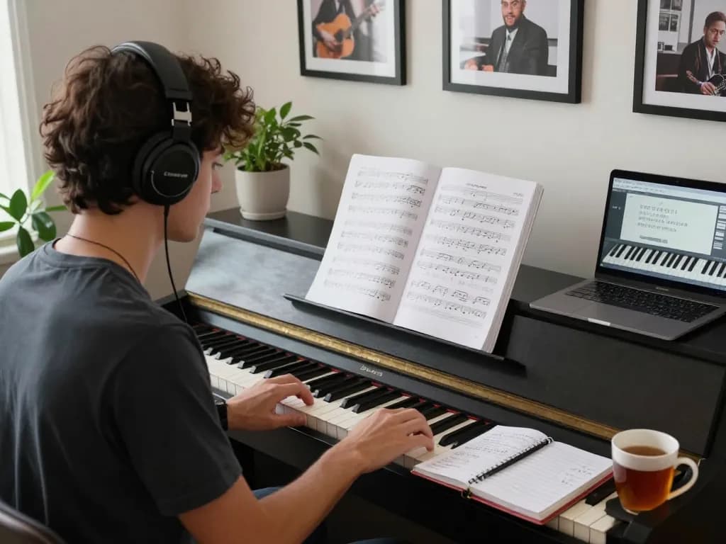 Engaged musician practicing go 88 digital piano in a cozy home studio