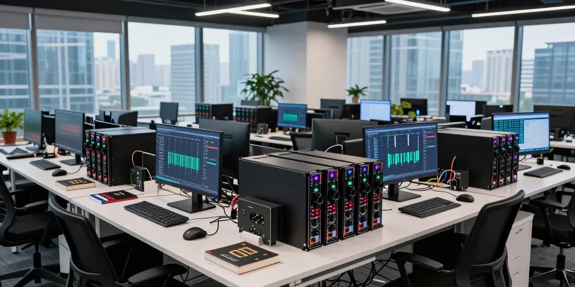 Regulated crypto mining platform showcasing advanced mining rigs and monitors, emphasizing secure blockchain technology and efficient performance.
