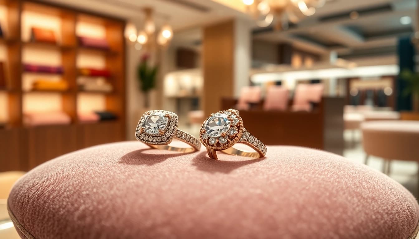 Showcase of luxury rings on velvet highlighting unique designs and craftsmanship.