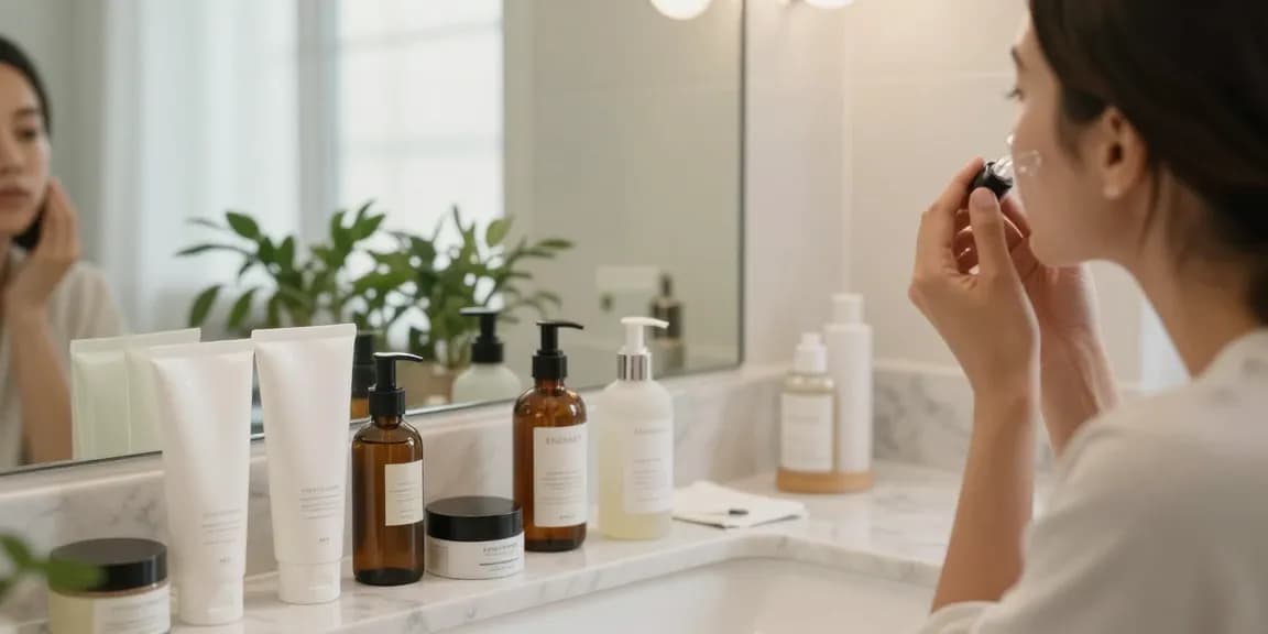 Femeie aplicând produse de îngrijire a pielii într-o baie modernă și luminoasă, cu produse elegante.