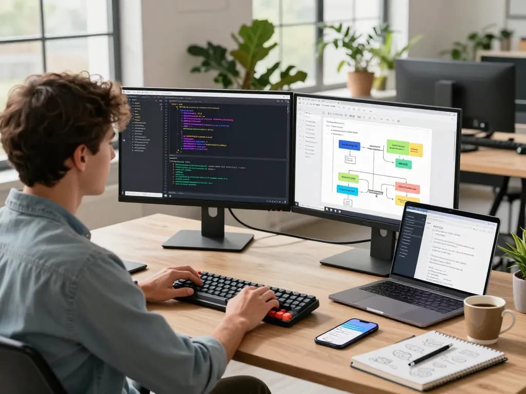 Developer utilizing openclaw in a modern workspace with dual monitors and collaborative tools