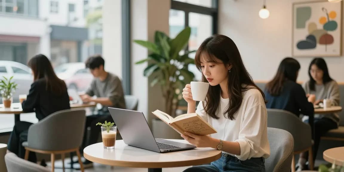 달토 카페에서 커피를 즐기며 책을 읽는 여성의 모습