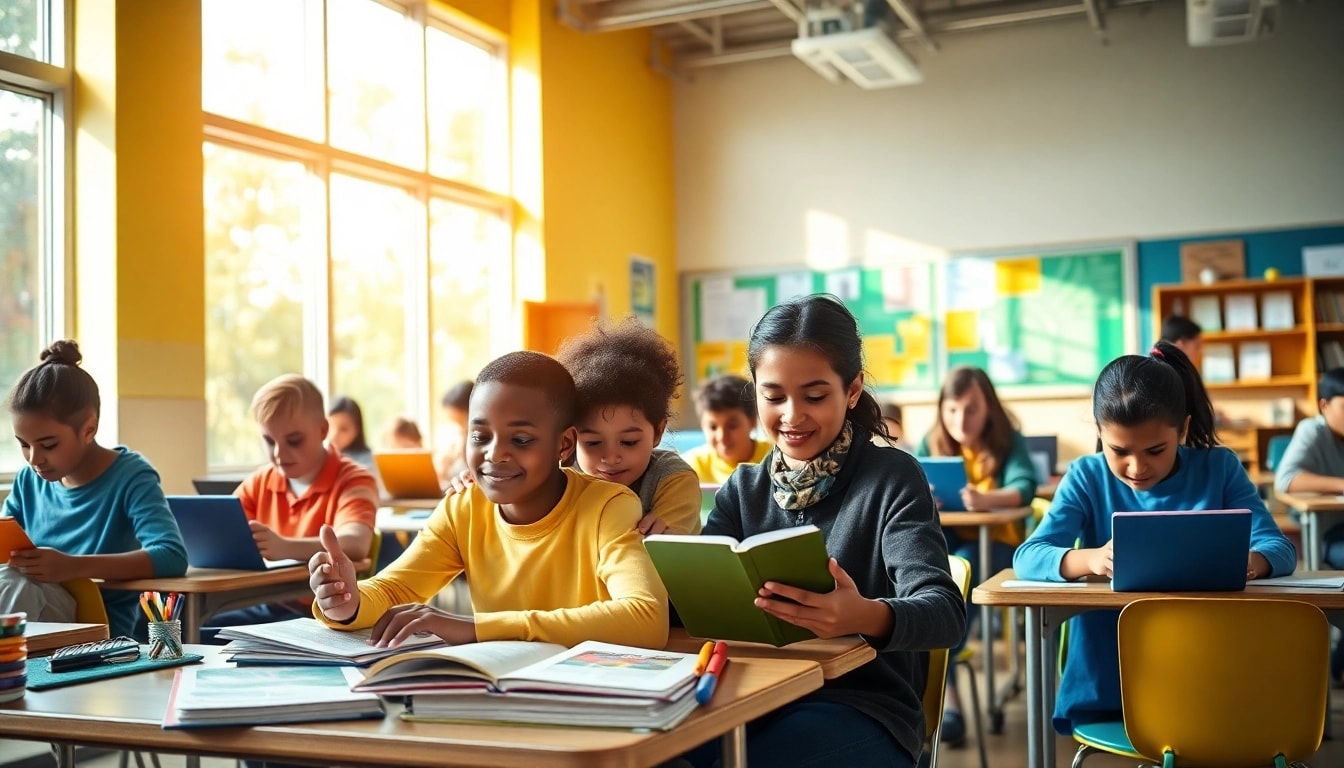 Engaging classroom scene showcasing modern education with diverse students working collaboratively