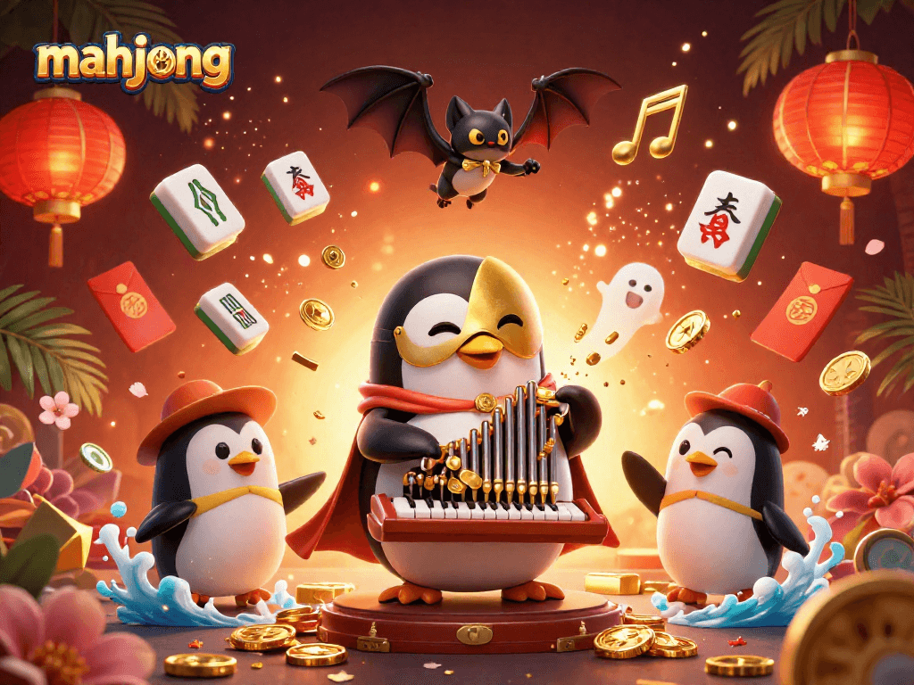Engage in mahjong excitement with a lively illustration of a penguin organist and floating casino elements.