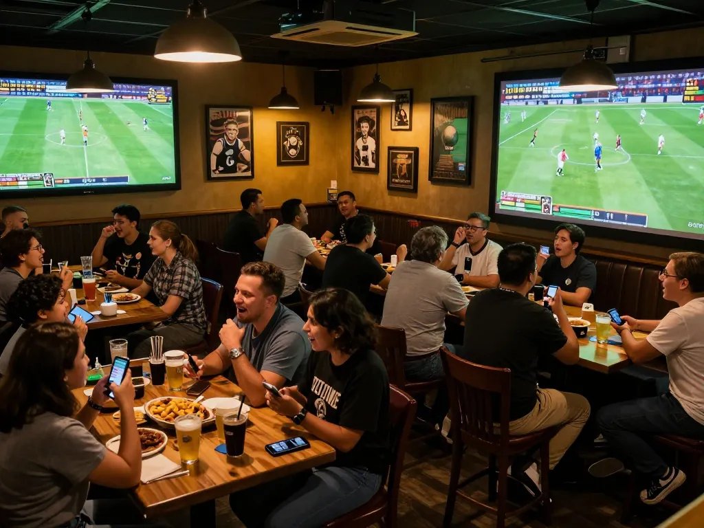 Kết quả bóng đá excitement in a lively sports bar as fans cheer and place bets.