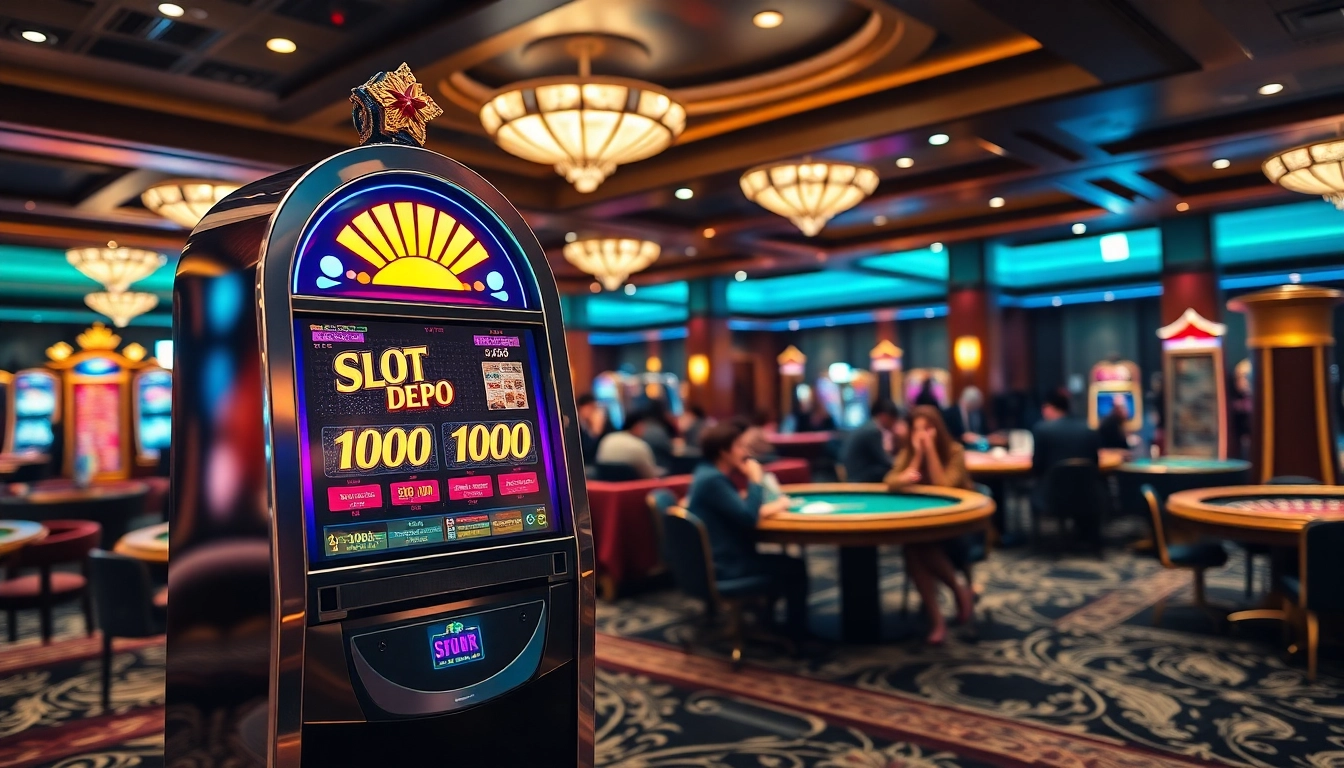 Pemain yang antusias berinteraksi dengan mesin slot Depo 1000 dalam suasana kasino yang hidup.