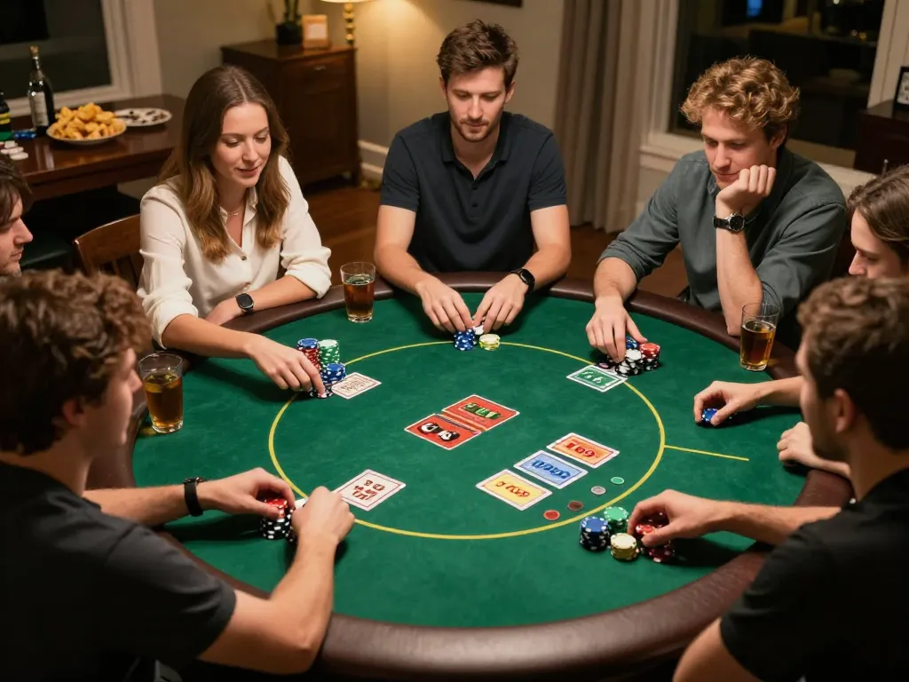 N188 players enjoying a thrilling poker game with colorful chips and community cards visible