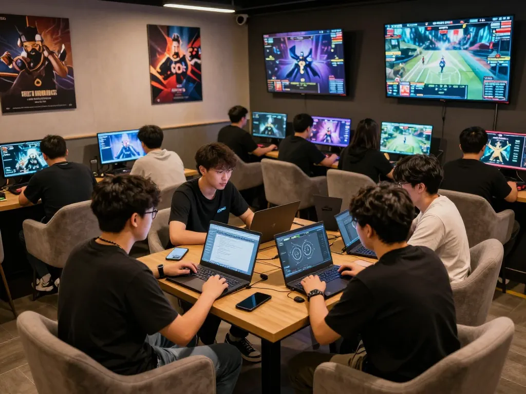 Engaged players analyzing tin soi kèo at an esports betting lounge with multiple screens showing competitions