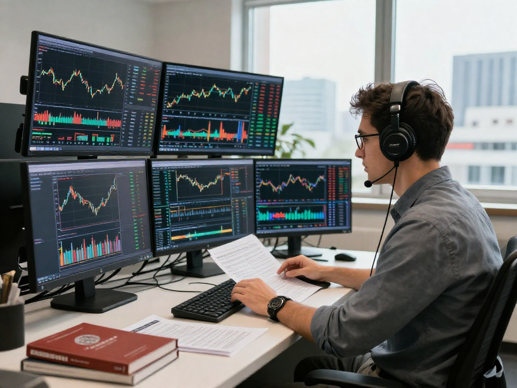 使用metatrader 5进行分析的交易者，显示市场数据，图表和财务报告的工作场景。