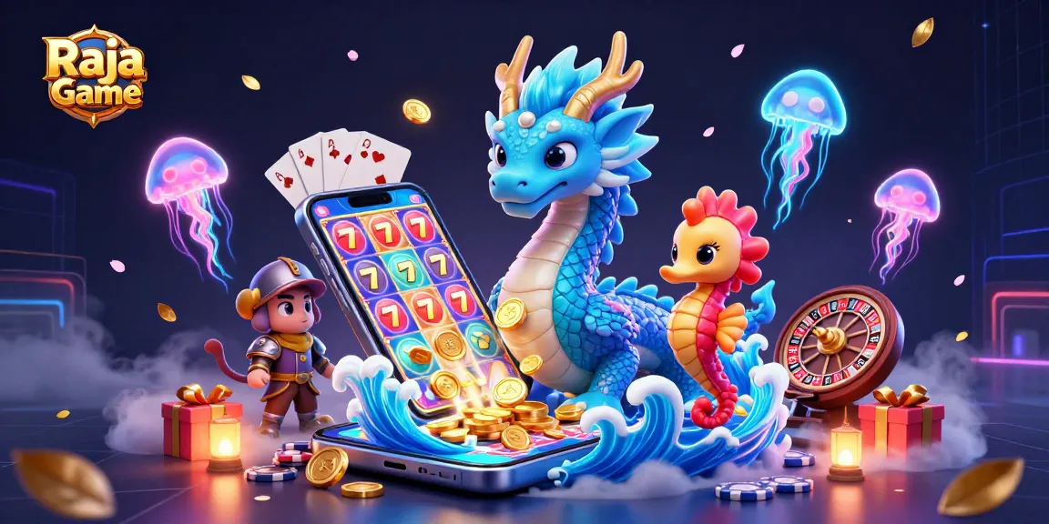 Play exciting casino games like Raja Game with vibrant visuals showcasing dragons, slot games, and rewards.