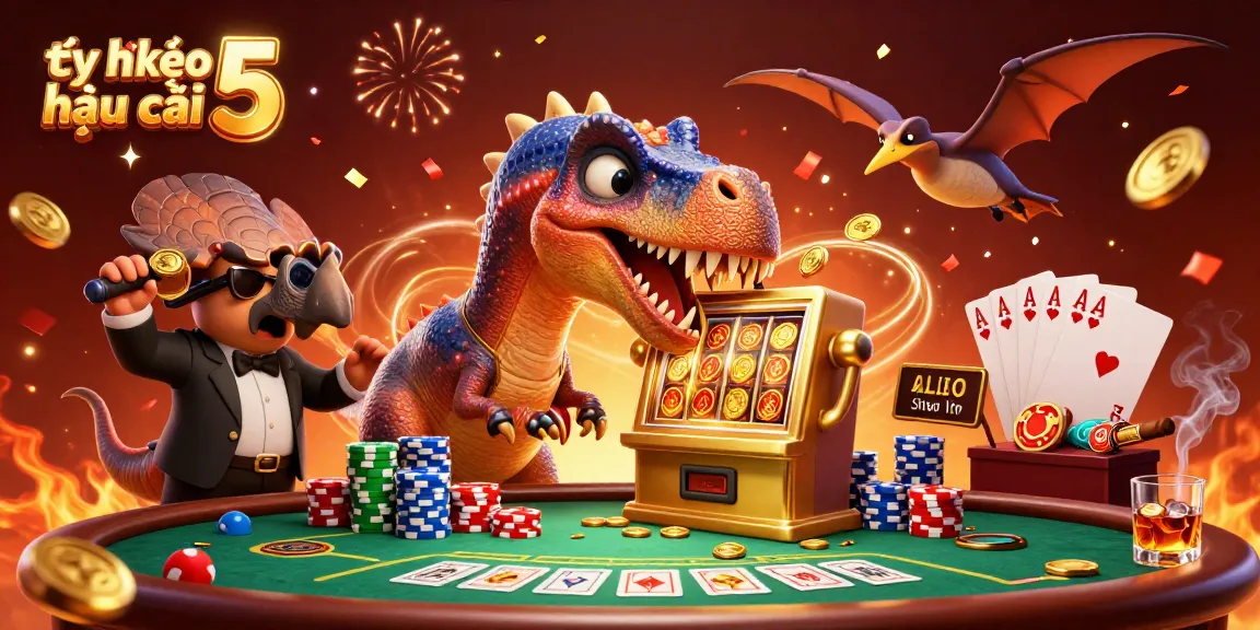 Experience the thrill of tỷ lệ kèo nhà cái 5 as characters celebrate amidst dynamic casino elements and golden coins.