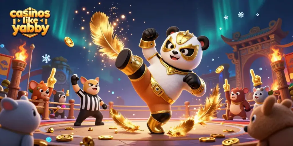 Dynamic scene of a panda wrestler showcasing casinos like yabby with animal spectators and casino elements.