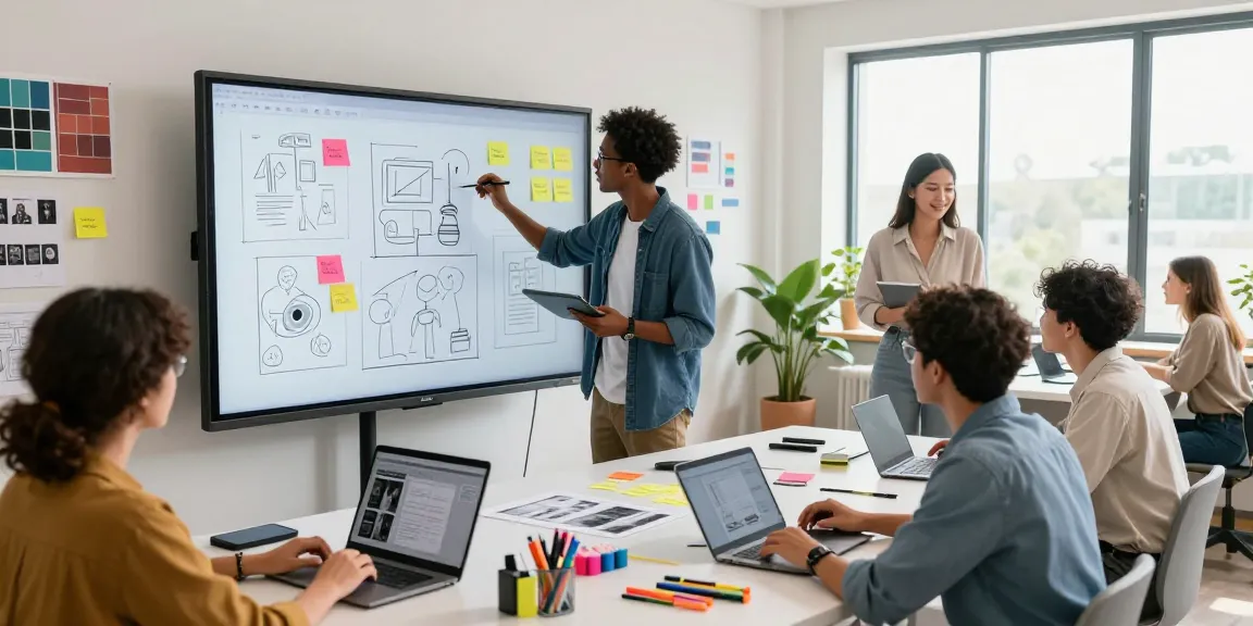 Collaboration on a mixboard for creative project development in a modern office.