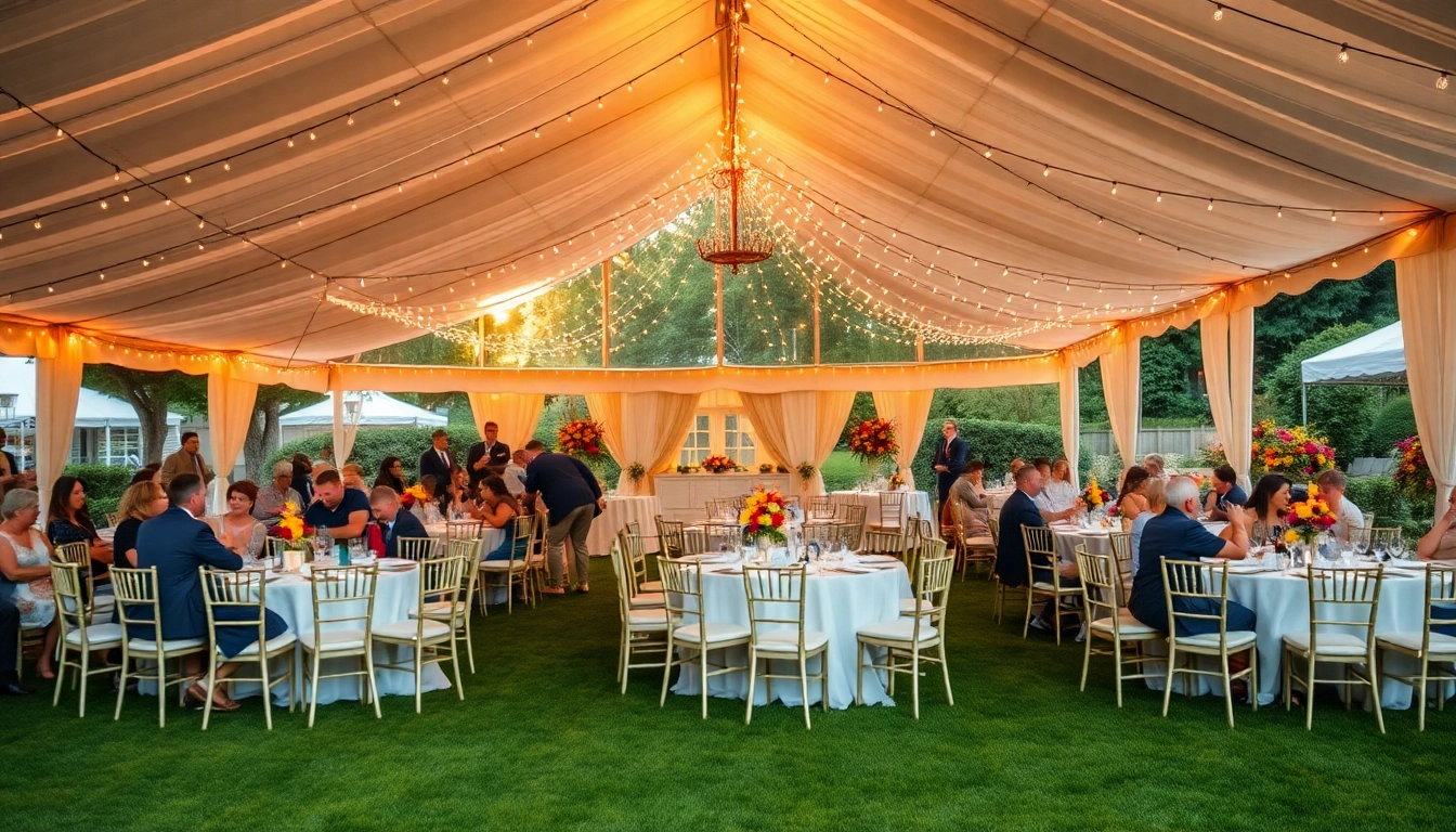 Elegant tent rentals set for a celebration amid vibrant decor and greenery.