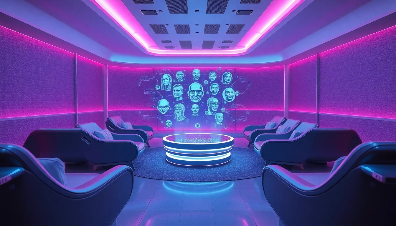 Futuristic lounge designed for innovative ai sex experiences with holographic AI companions.
