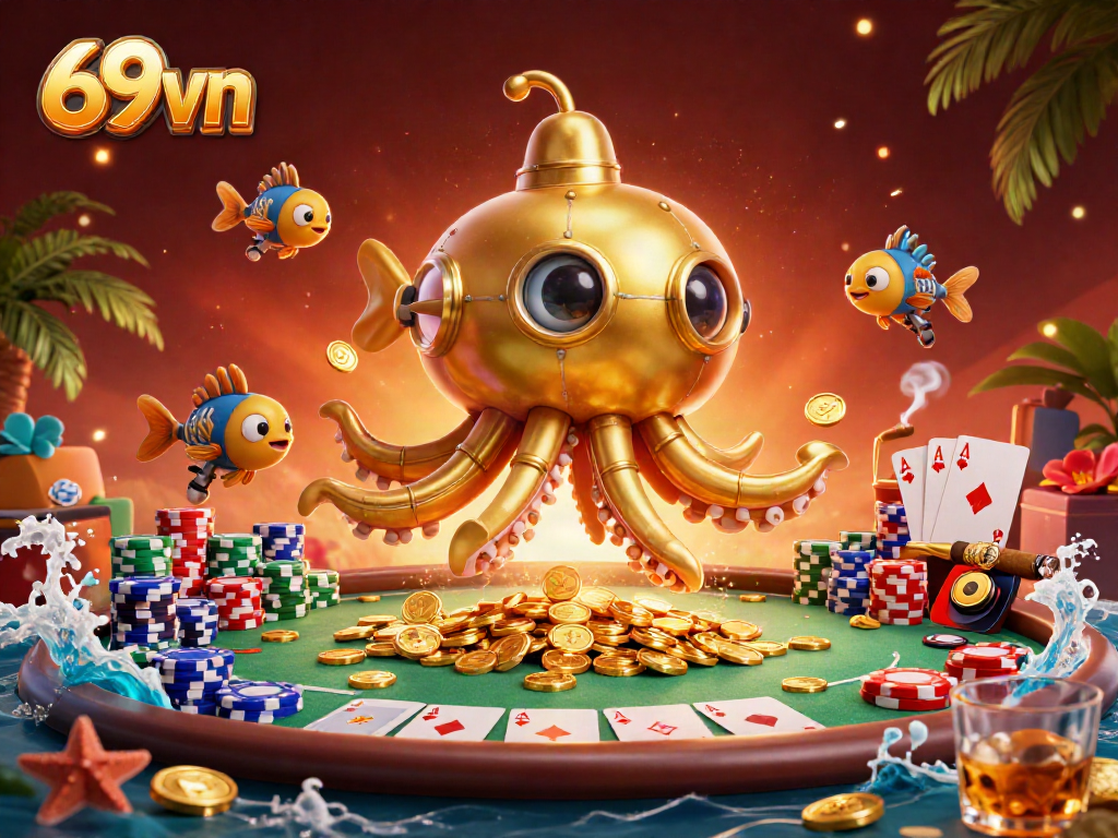 Engage in thrilling games at 69vn with a vibrant casino scene complete with golden kraken and poker elements.