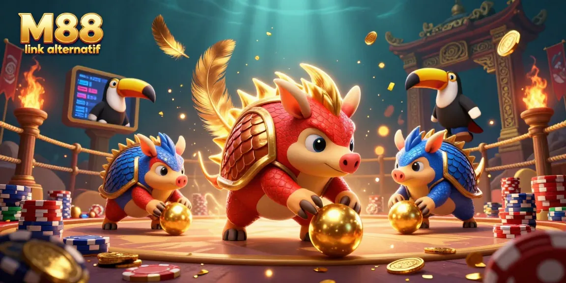 M88 link alternatif showcases two pangolins in a vibrant casino game scene, depicting high-stakes action with gold coins and poker chips.