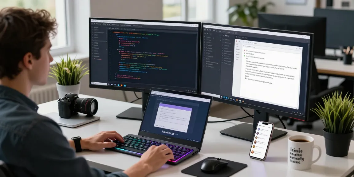 Engaged user interacting with Kobold AI on dual monitors in a modern tech workspace.