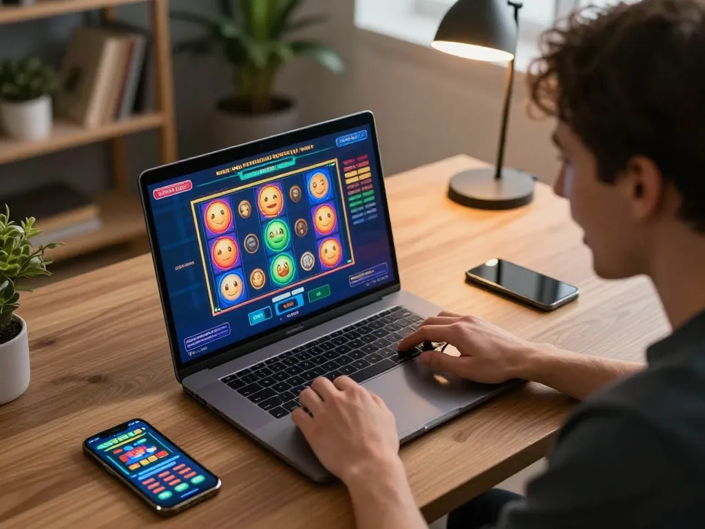 Engaging online player spinning link slot game on laptop in a cozy home setting