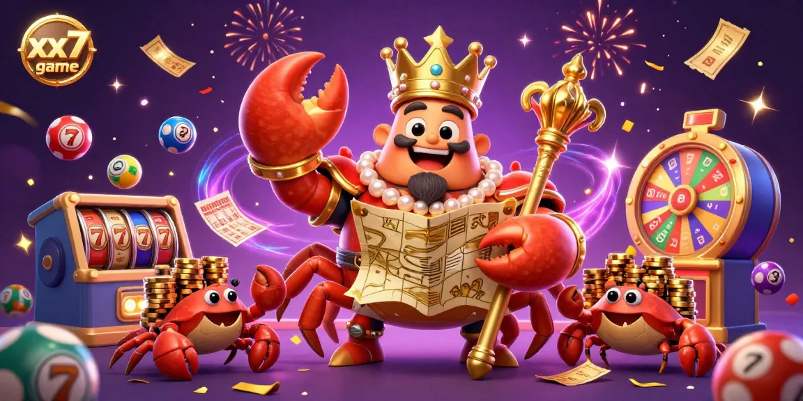 Engage with the thrilling xx7 game in a vibrant casino scene featuring a golden crab emperor and lottery elements.