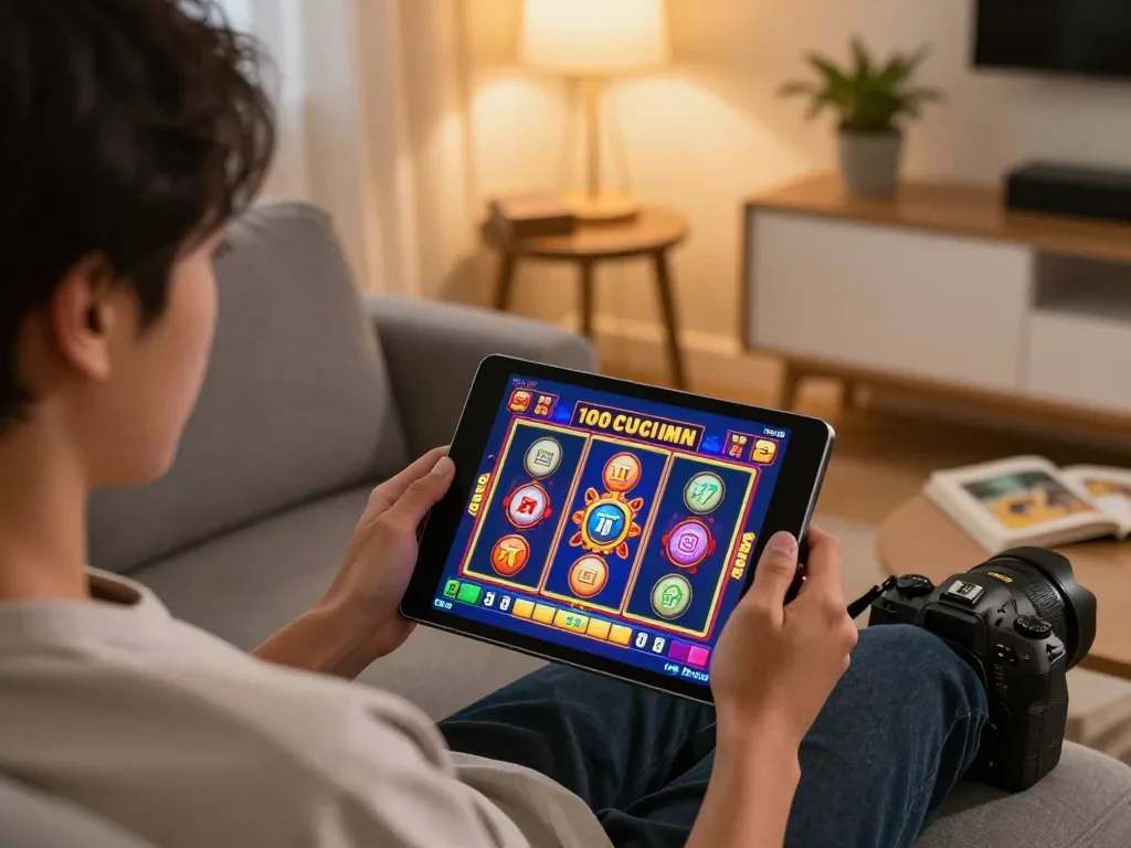 Terlibat dengan permainan kasino 100 cuci yang menarik di tablet dalam suasana rumah yang selesa