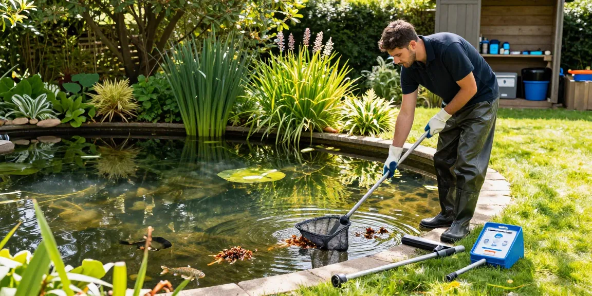 Pond Cleaning Sussex by a professional pond cleaner in a serene garden setting.