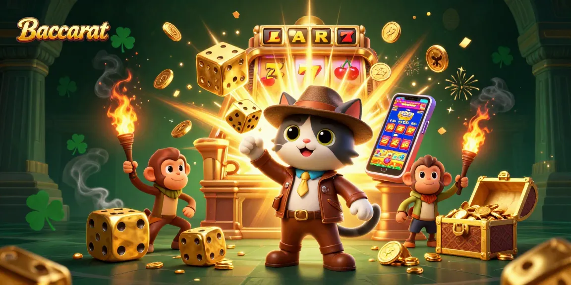 Baccarat gameplay illustrated with a cat archaeologist and monkey discovering casino treasures.